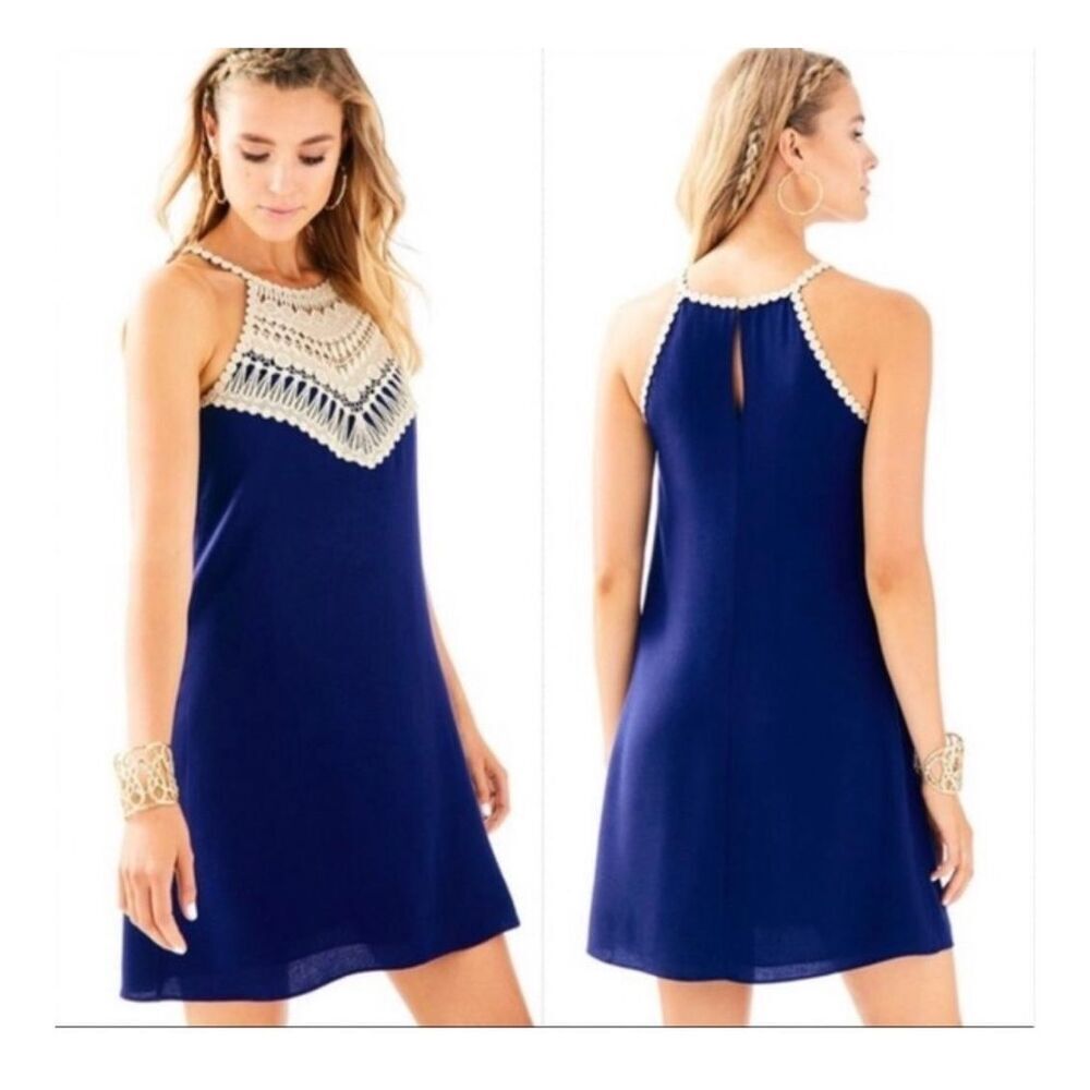 Lilly Pulitzer Pearl Soft Shift Dress in True Navy Gold embroider halter size 2